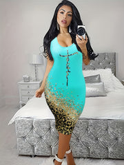 Plus Glitter Leopard & Letter Print Round Neck Slim Fit Midi Dress