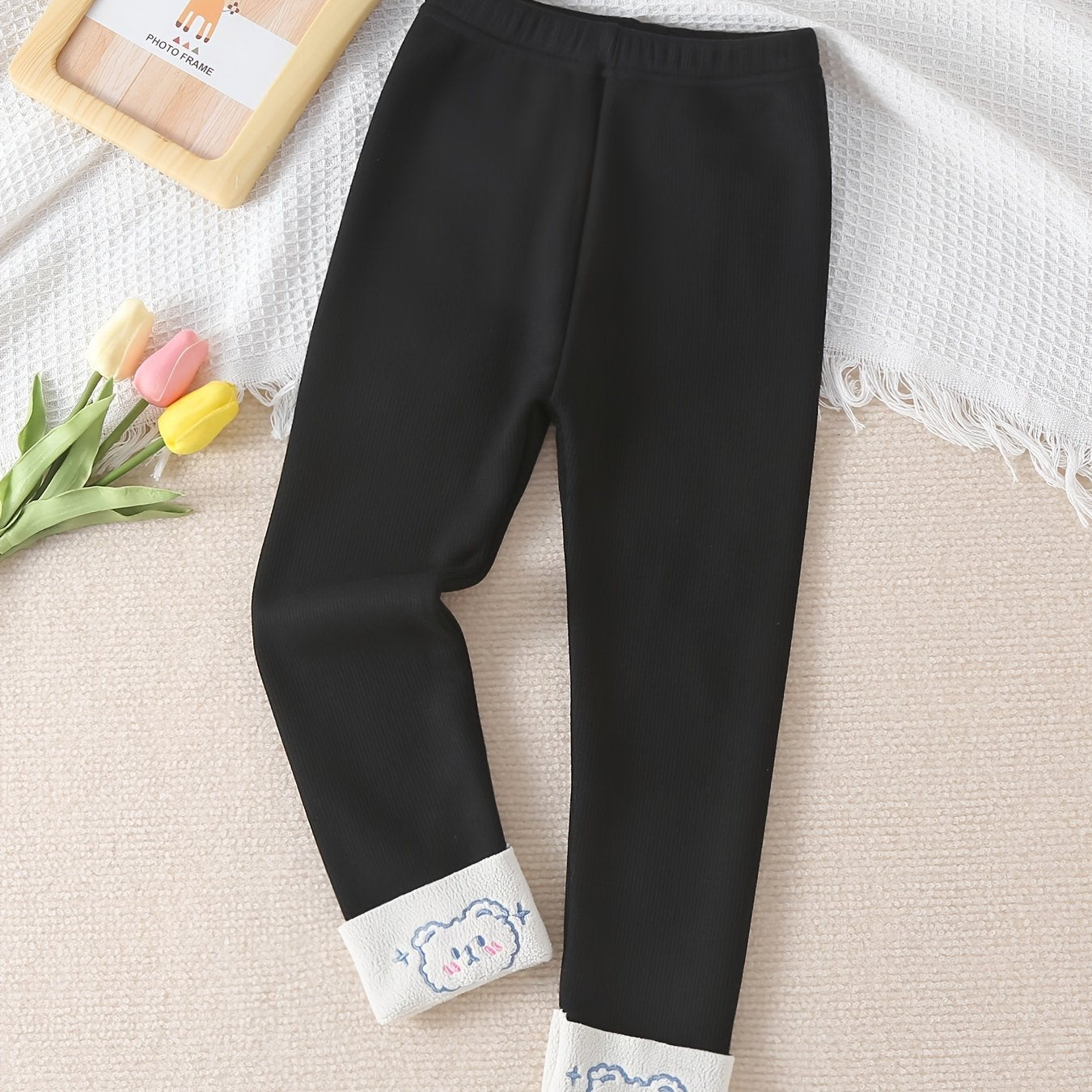 Girls Bear Embroidery Thermal Fleece Leggings for Autumn/Winter
