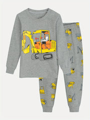 Boys 2pcs Car Print Pajama Set Long Sleeve Top & Trousers Round Neck Comfortable