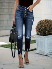 Ripped Cropped Skinny Jeans High Waist Distressed Denim Pants Women's