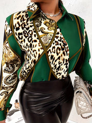 Chain Print Button Up Long Sleeve Blouse