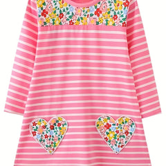 Girls' Stripe Flower Patch Long Sleeve Dress 2-8 Years