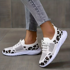 Leopard Print Knitted Walking Shoes Lace Up Lightweight Flat Shoes
