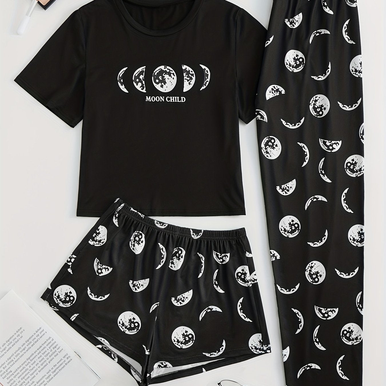 Moon Print Pajama Set Short Sleeve T-shirt & Shorts & Pants