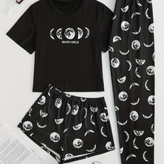Starry Print Pajama Set Short Sleeve Crew Neck Top & Bottoms
