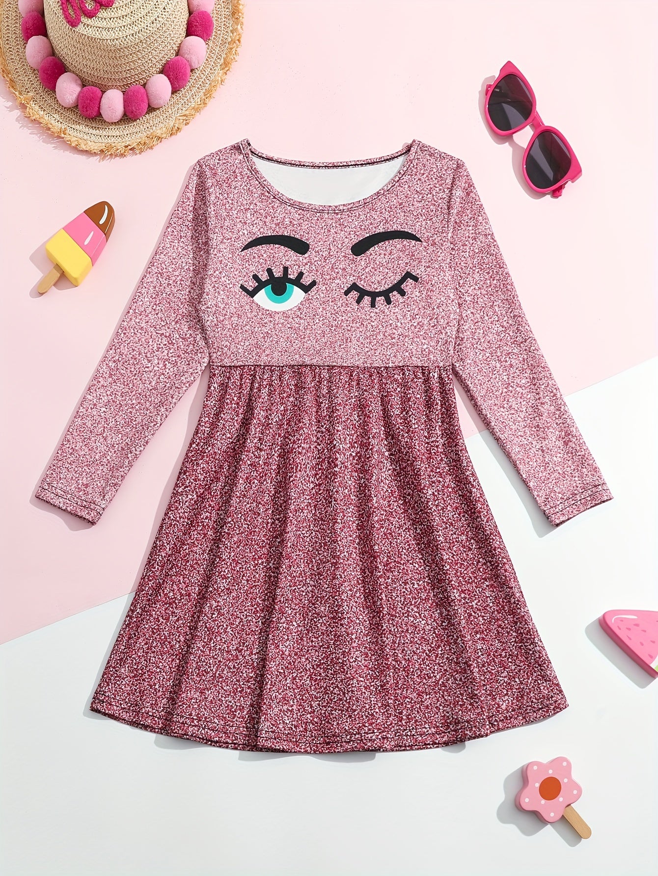 Girls Funny Eyes Print Long Sleeve Dress for Spring