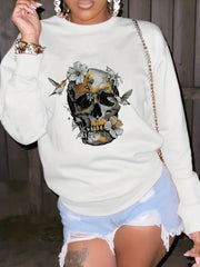 Skull Print Pullover Sweatshirt Long Sleeve Crew Neck