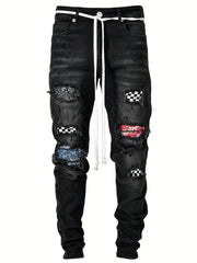 Plaid Ripped Jeans Men s Casual Street Style Distressed Denim Pants