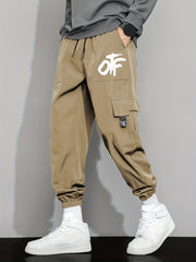 Casual Letter Print Cargo Pants with Drawstring