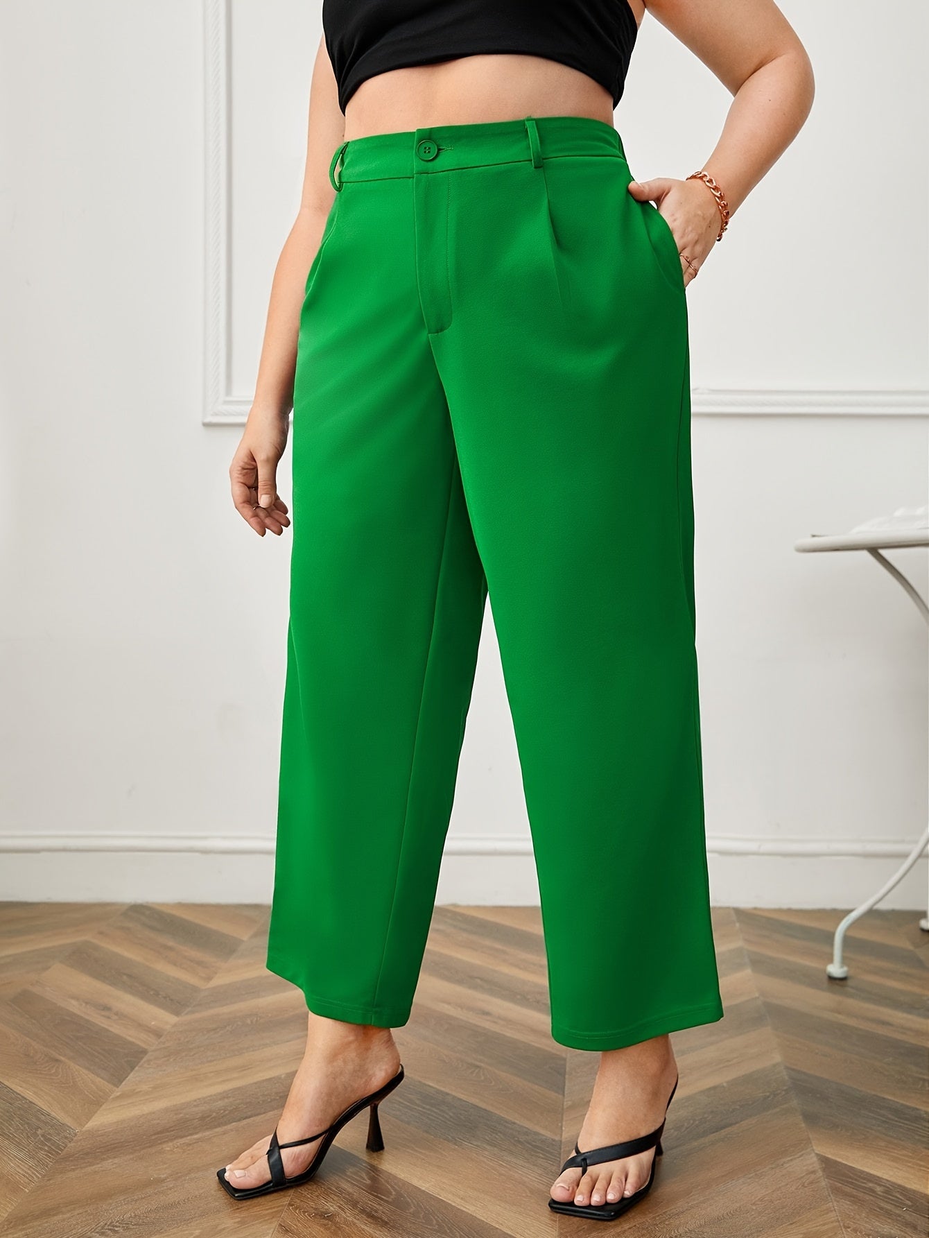 Plus Size Button Front Straight Leg Trousers