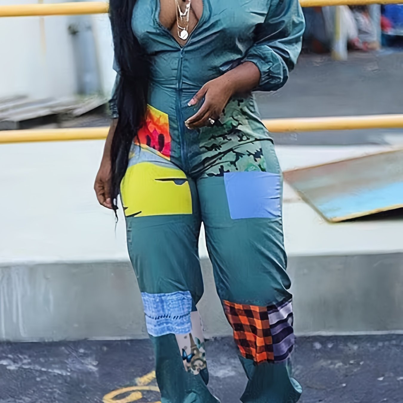 Colorblock Long Sleeve Mock Neck Jumpsuit