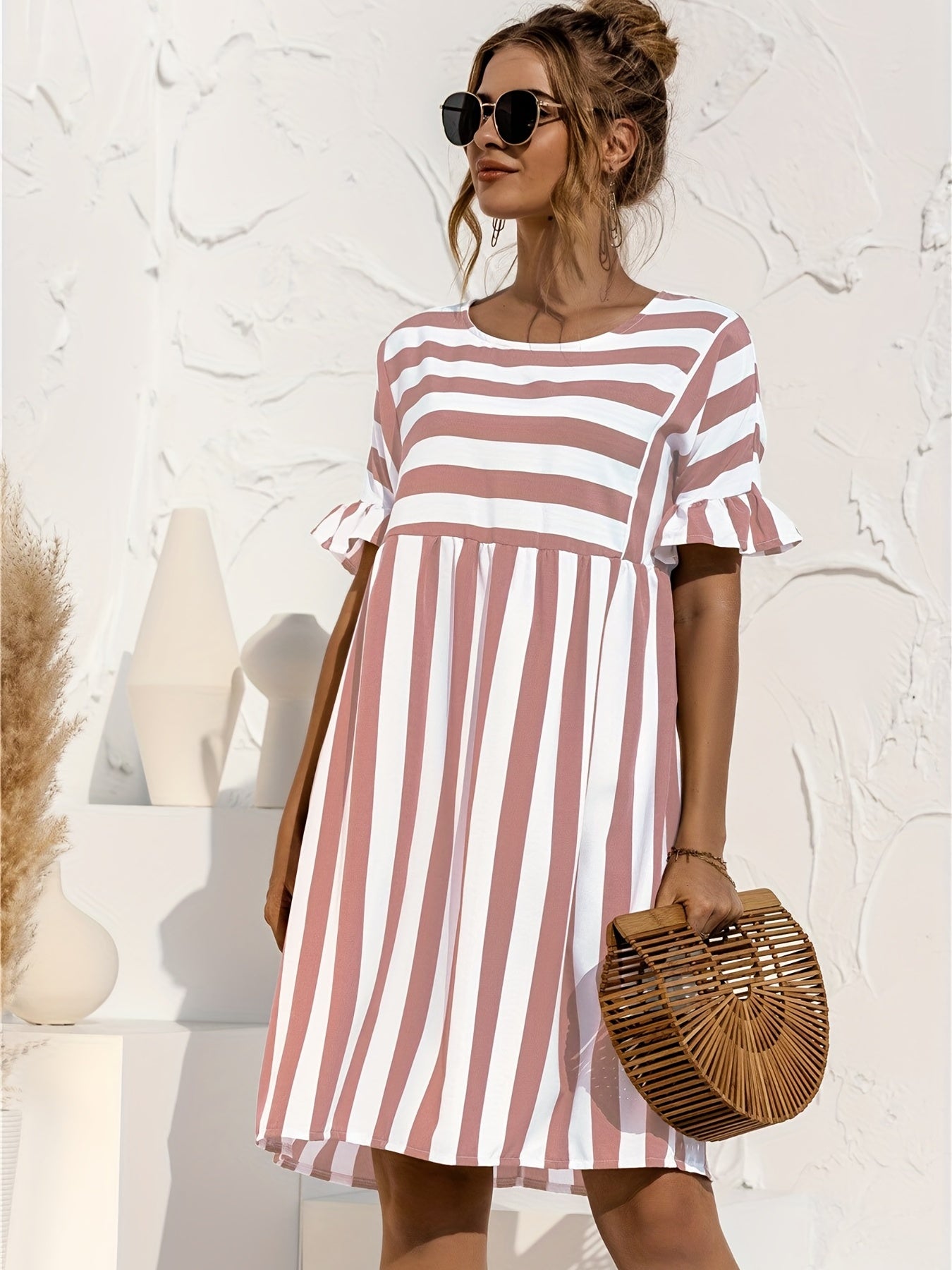Nautical Stripe Ruffle Trim Dress