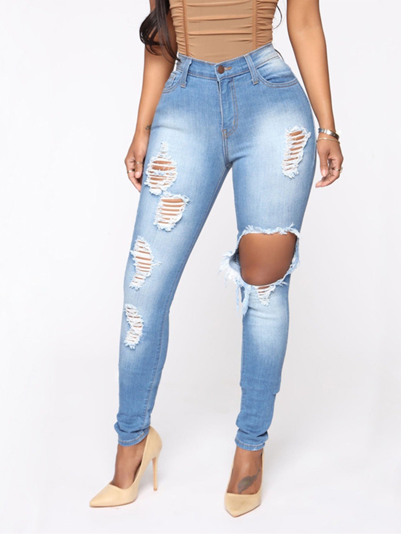 Distressed Skinny Leg Jeans High Waist Elastic Slim Fit Denim Pants