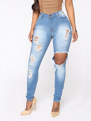 Distressed Skinny Leg Jeans High Waist Elastic Slim Fit Denim Pants