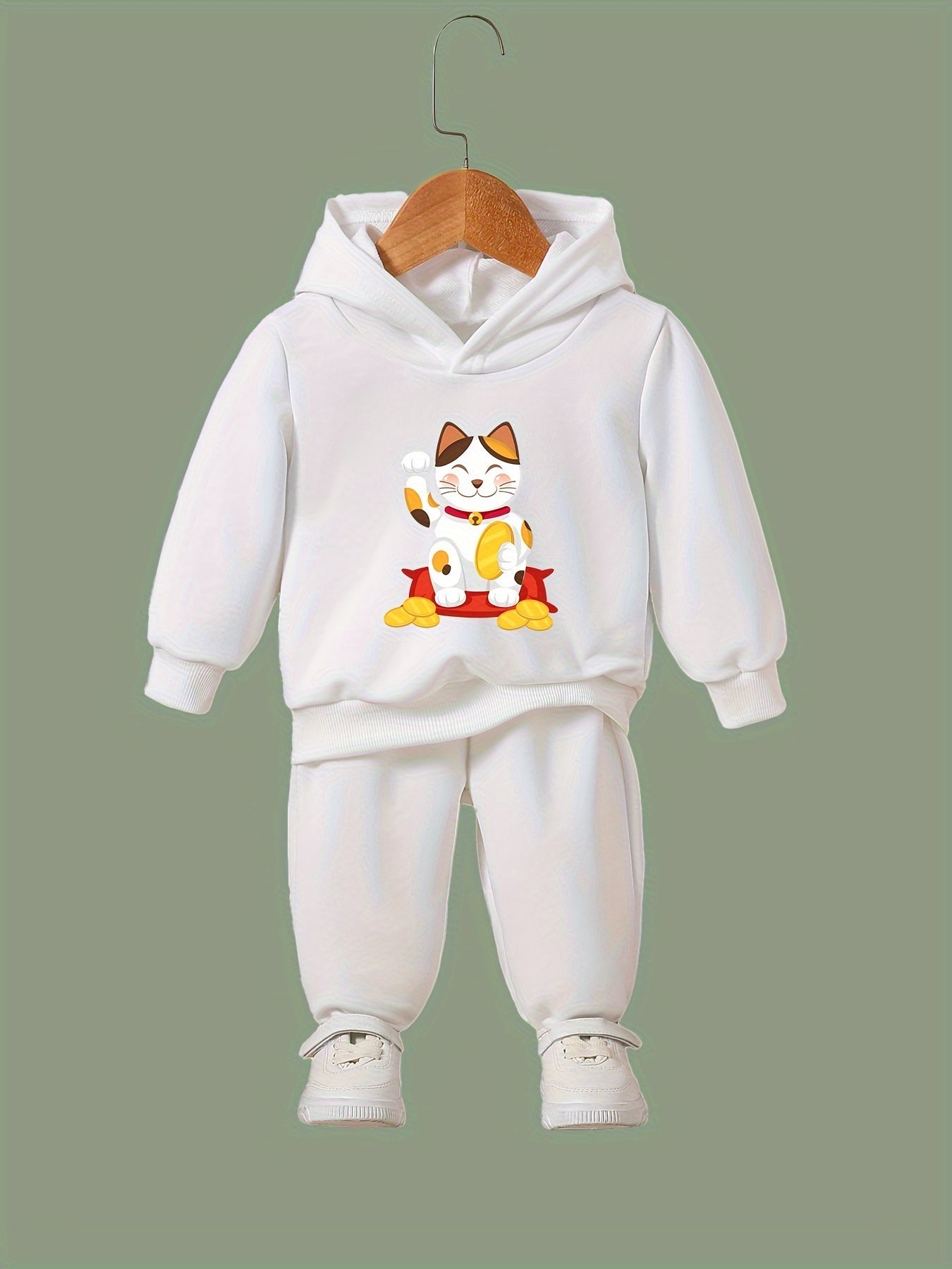 Kids Cartoon Cat Hoodie & Pants Set - Sporty Girl's Outfit