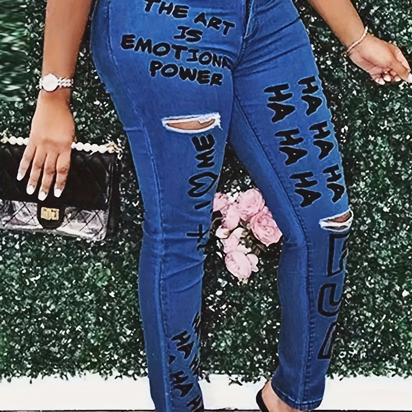 Women's Letter Print Ripped High Rise Skinny Jeans