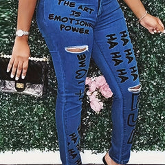 Women's Letter Print Ripped High Rise Skinny Jeans
