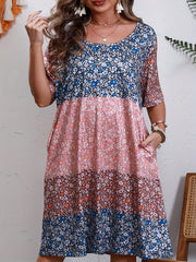 Colorblock Floral Print Short Sleeve Tee Dress With Pockets