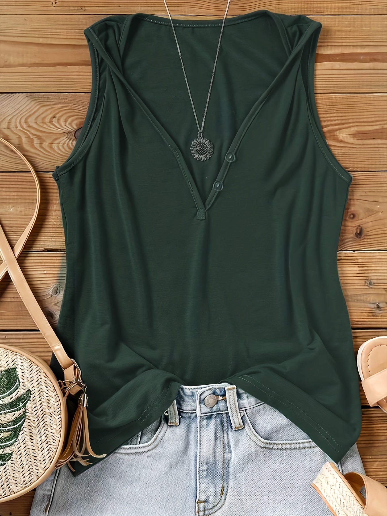 Solid Button Front Tank Top V Neck Summer Sleeveless Top