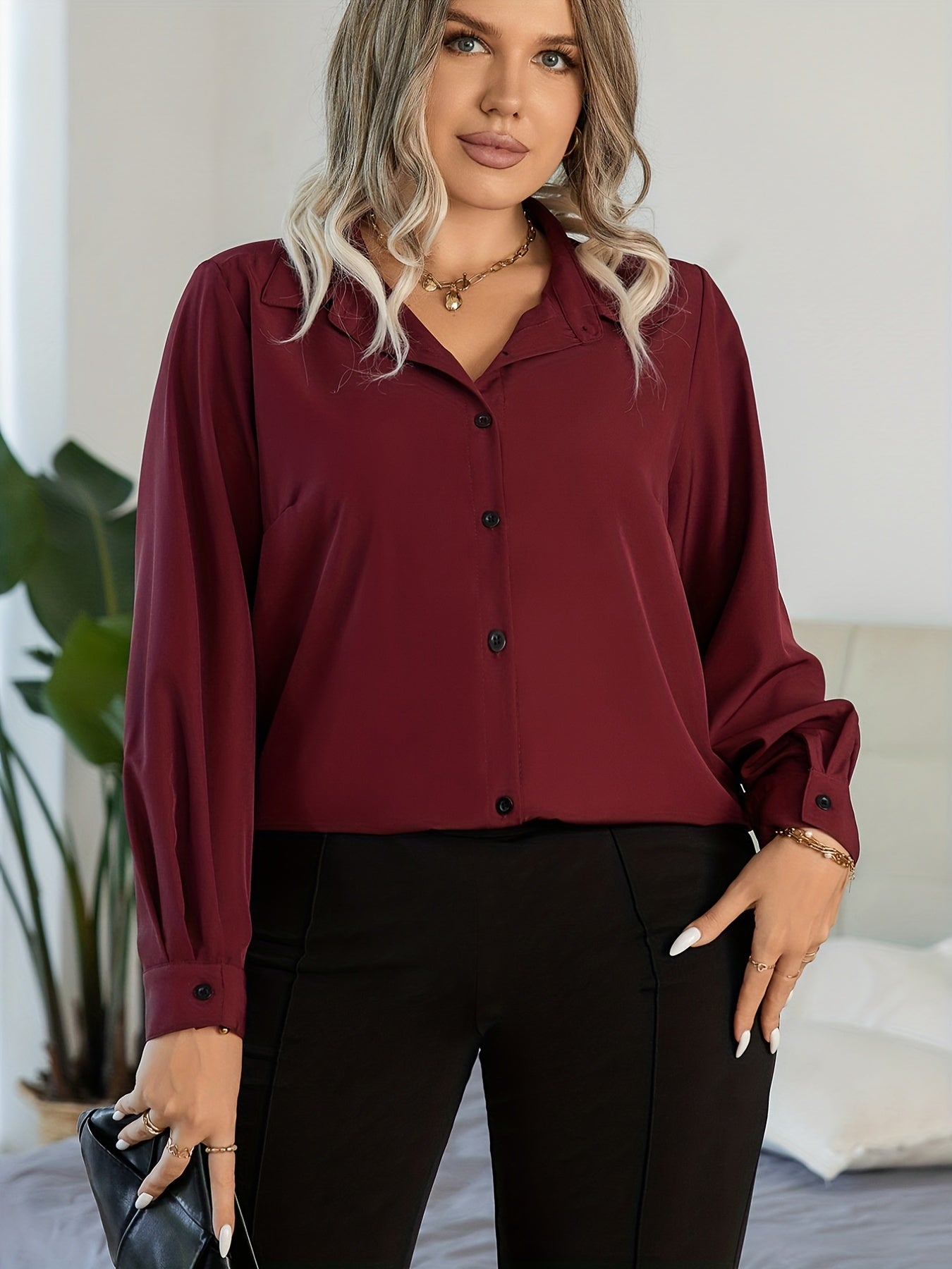 Button Up Lantern Sleeve Blouse