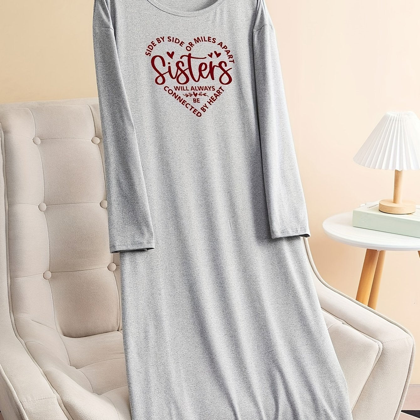 Heart Letter Graphic Long Sleeve Tee Home Wear Dress
