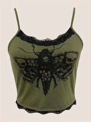Bee Print Lace Cami Top Spaghetti Sleeveless Sexy Summer