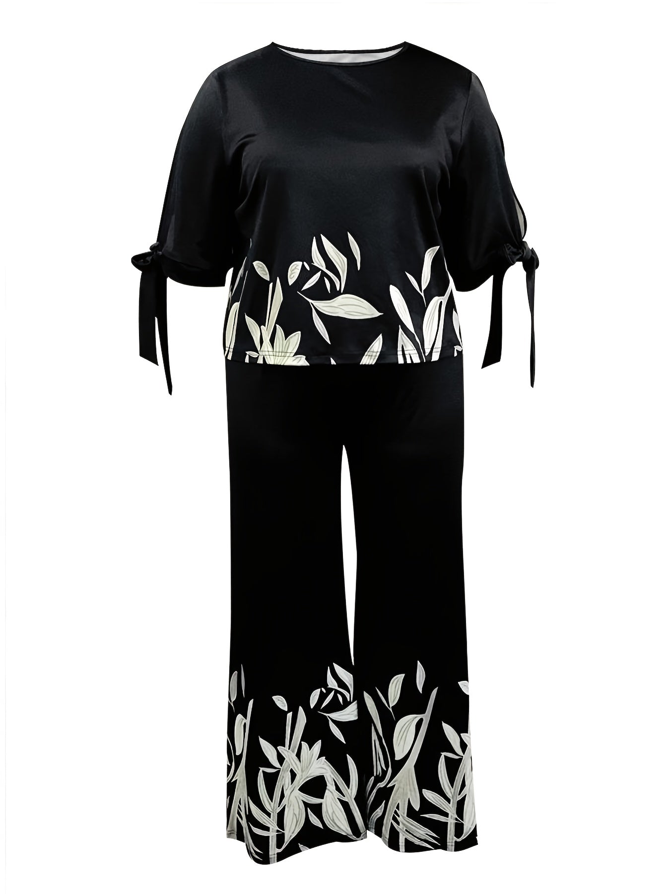 Women's Plus Floral Print Knot Split Top & Wide Leg Pants Set