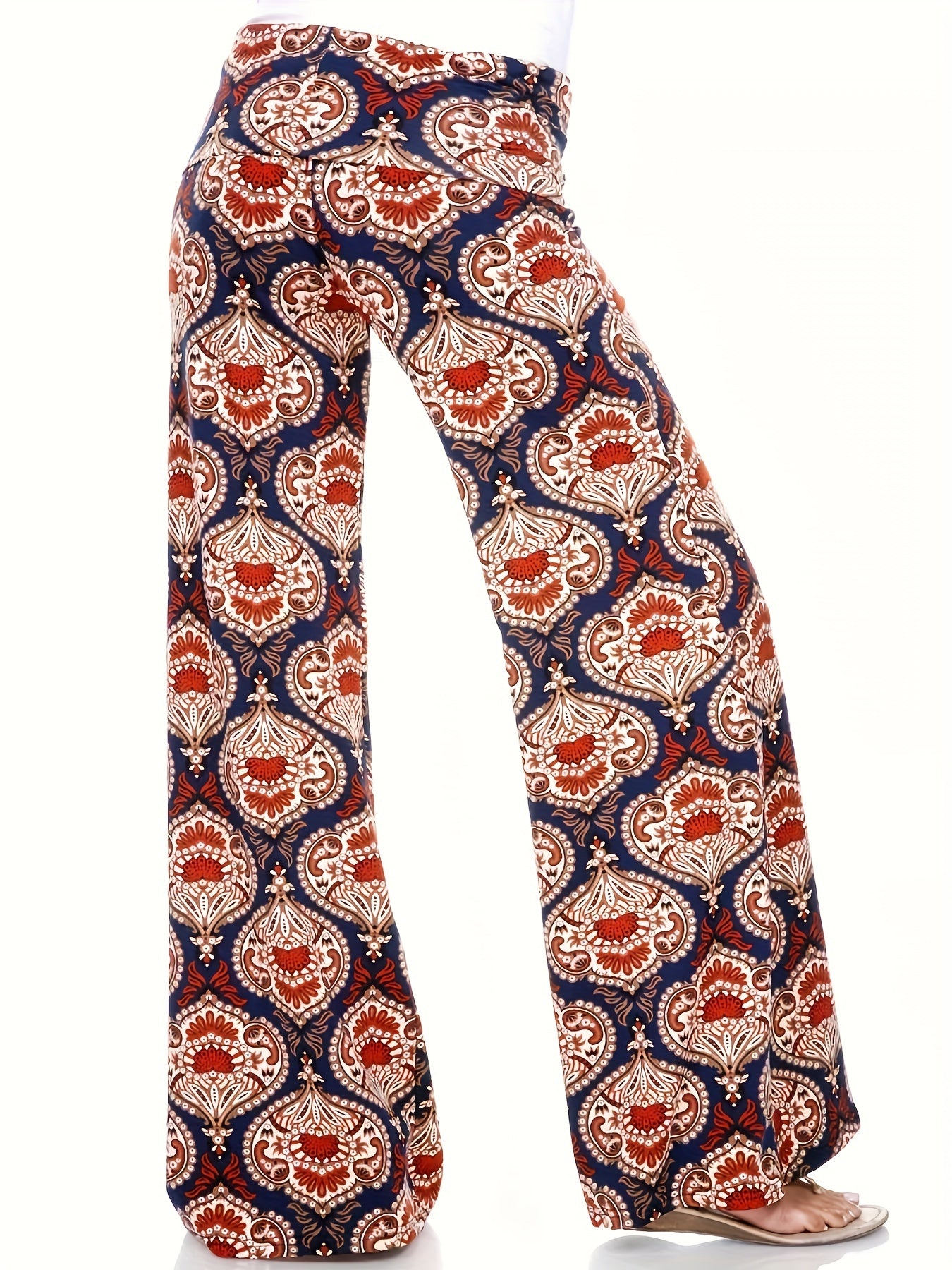 Boho Pants High Rise Wide Leg Paisley Print Stretch
