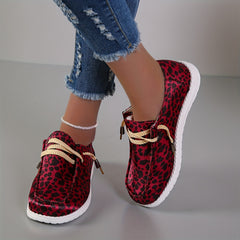 Leopard Print Flat Lace-Up Canvas Shoes for Women