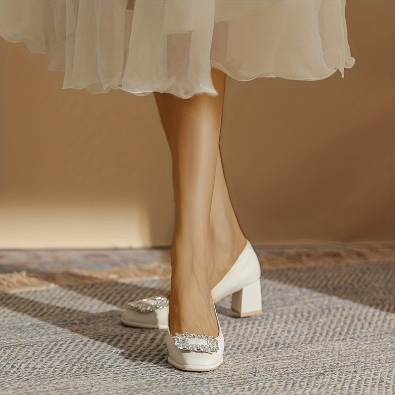 Rhinestone Chunky Heel Pumps Comfortable Slip-On Shoes for Women