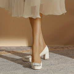 Rhinestone Chunky Heel Pumps Comfortable Slip-On Shoes for Women