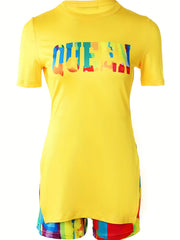 Queen Print Tee & Colorful Shorts Set Women's Outfit