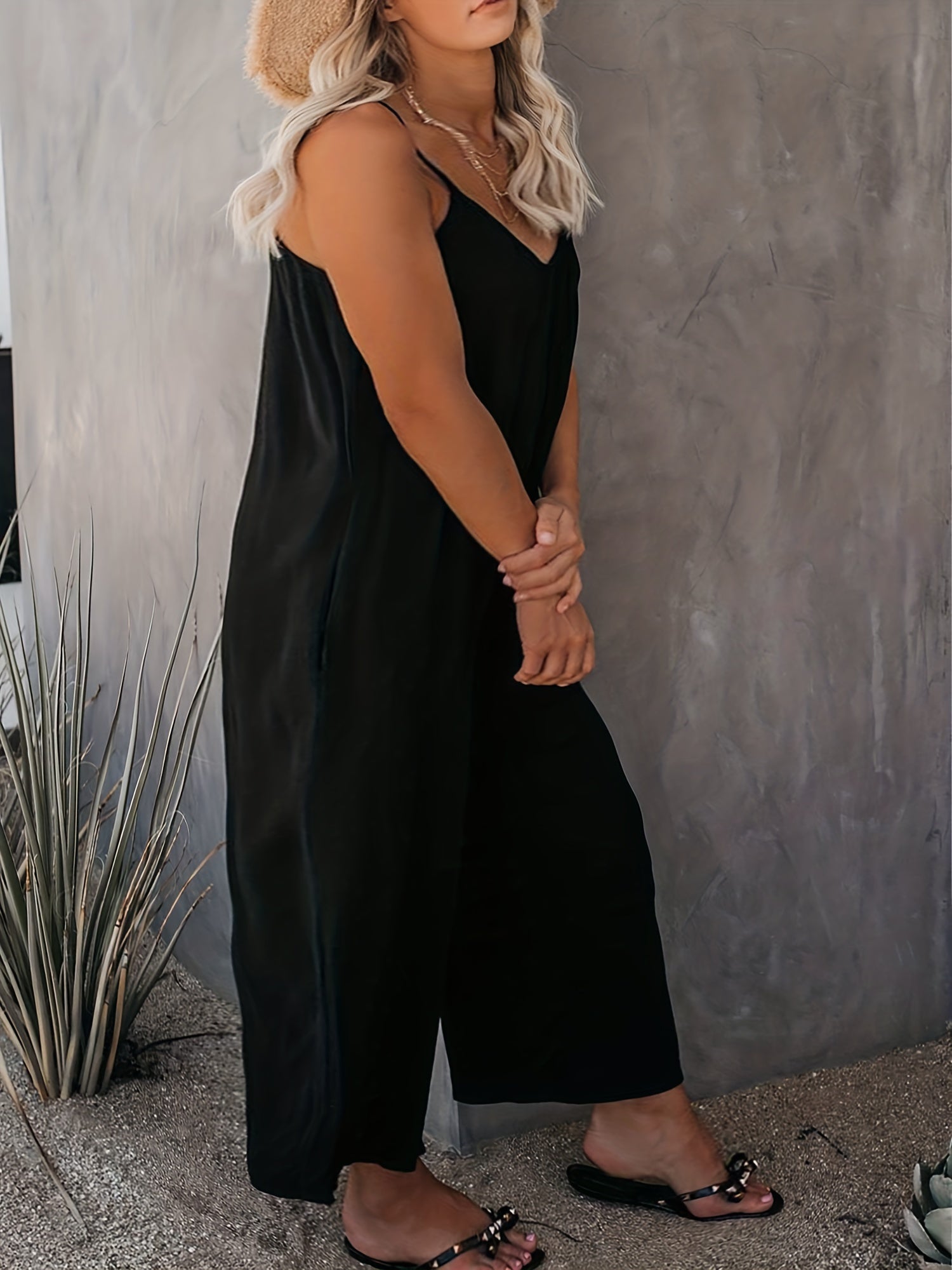 Casual Cami Jumpsuit Solid Round Neck Wide Leg With Pockets