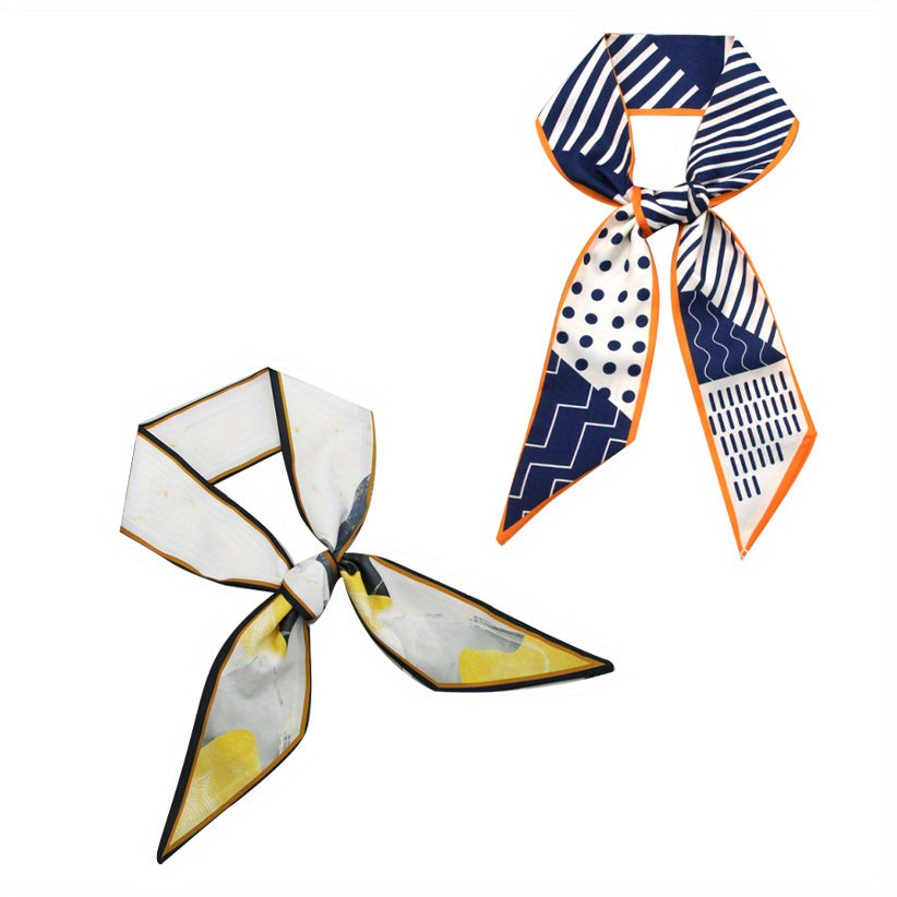 2pcs Block Dotted Skinny Scarf Long Ribbon Neckerchief Twilly Scarf
