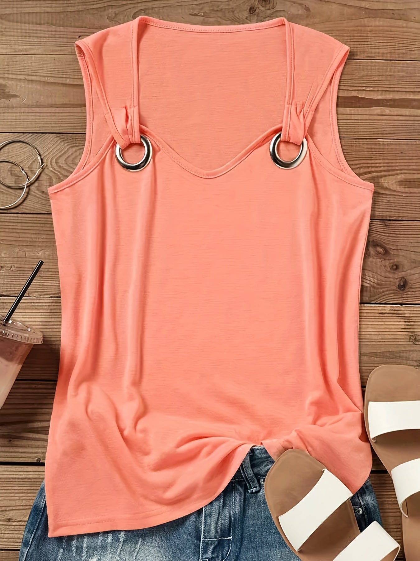 Solid Ring Linked Tank Top Sleeveless Crew Neck Summer Top