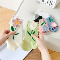 5 Pairs Floral Print Socks Women's Mid Tube Stockings Comfy & Breathable