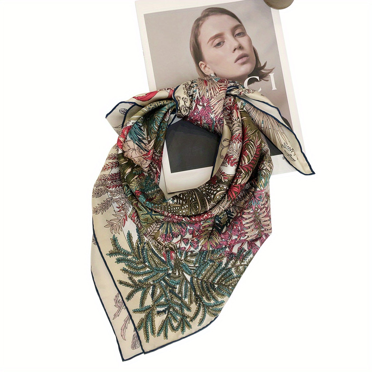 Vintage Silk Scarf Plant Print Large Square Bohemia Shawl Bandana