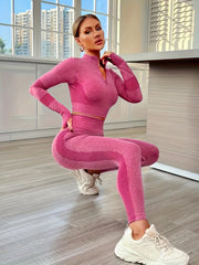 Yoga Set: Crop Top & Leggings, Thumb Hole, Half Zipper, Activewear