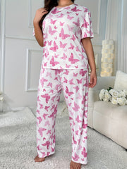 Butterfly Print Pajama Set Women's Short Sleeve Tee & Pants