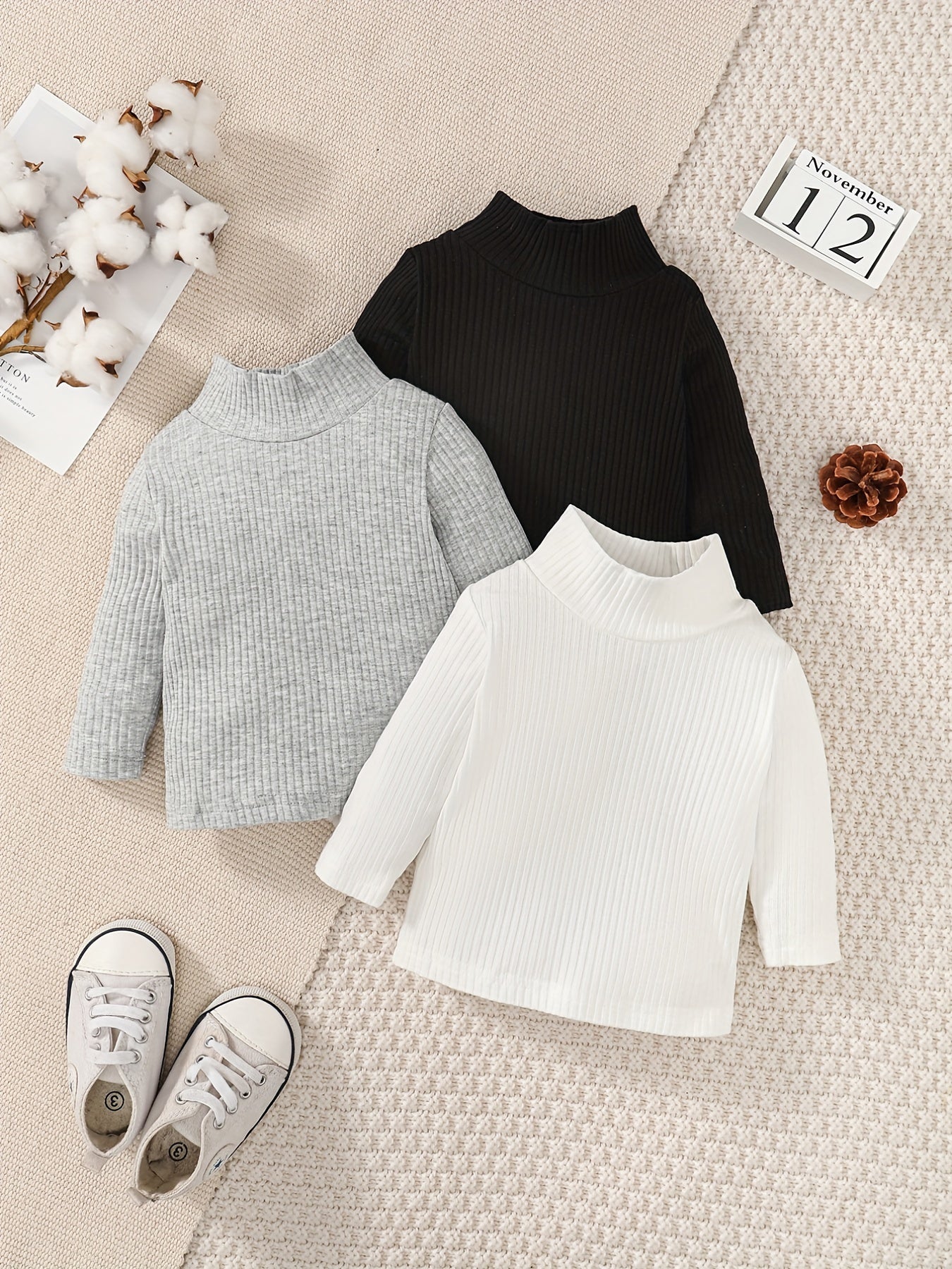 Baby's Turtleneck Ribbed All-match Long-sleeved T-shirt 3pcs Set