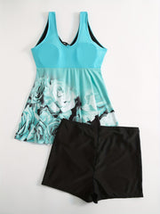 Rose Print Tankini Set Women's Plus Swimsuits Two Piece Set