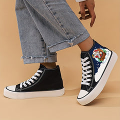 Santa Print Chunky Canvas Sneakers High Top Flat