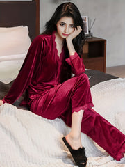 Velvet Pajama Set Lace Trim Long Sleeve Button Top & Elastic Waistband Pants