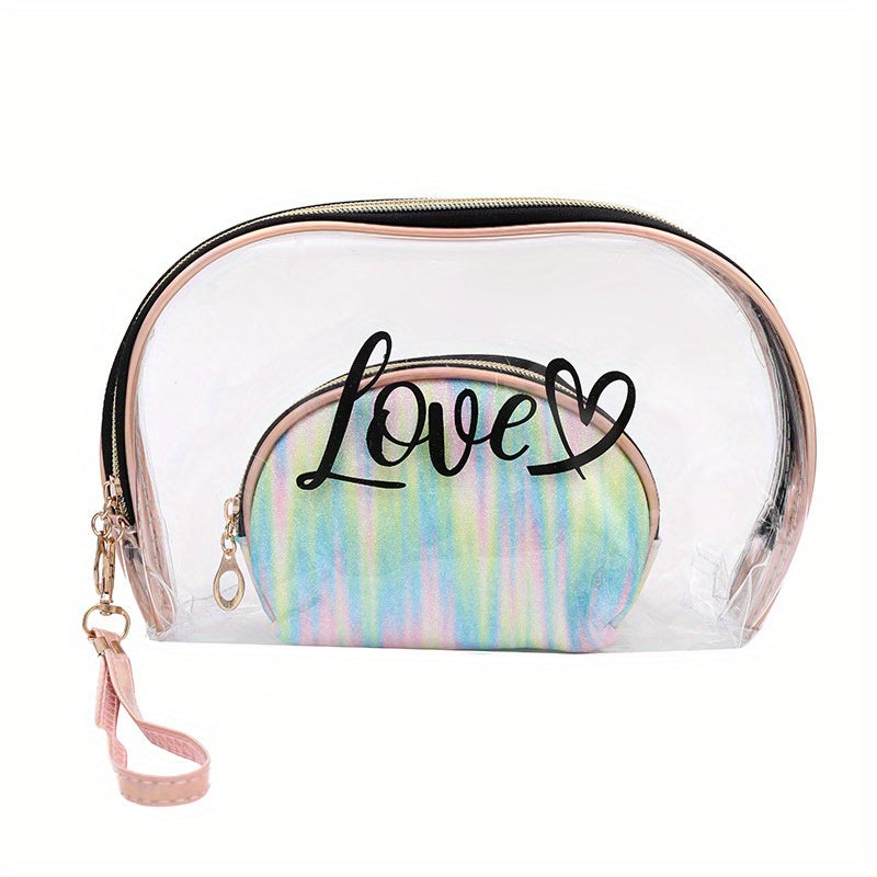 2pcs Tie Dye & Clear Makeup Bag Set Of 2 PVC Shell Shape Glitter Semicircle