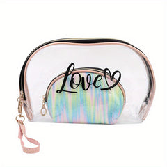 2pcs Tie Dye & Clear Makeup Bag Set Of 2 PVC Shell Shape Glitter Semicircle