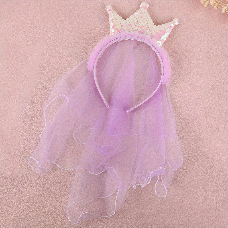 Sequin Crown Headband with Hair Veil for Kids Girls Headdress