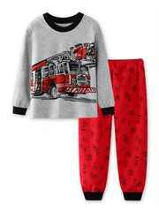 Boys Fire Truck Cartoon Pajamas Set Long Sleeve Sleepwear Pants
