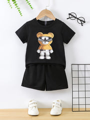Boys Bear Graphic Outfit Short Sleeves Round Neck T shirt & Shorts
