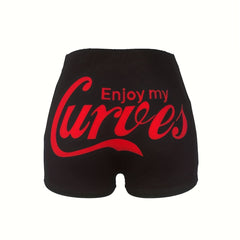 Casual Shorts Women's Plus Slogan Print Elastic High Rise Shorts