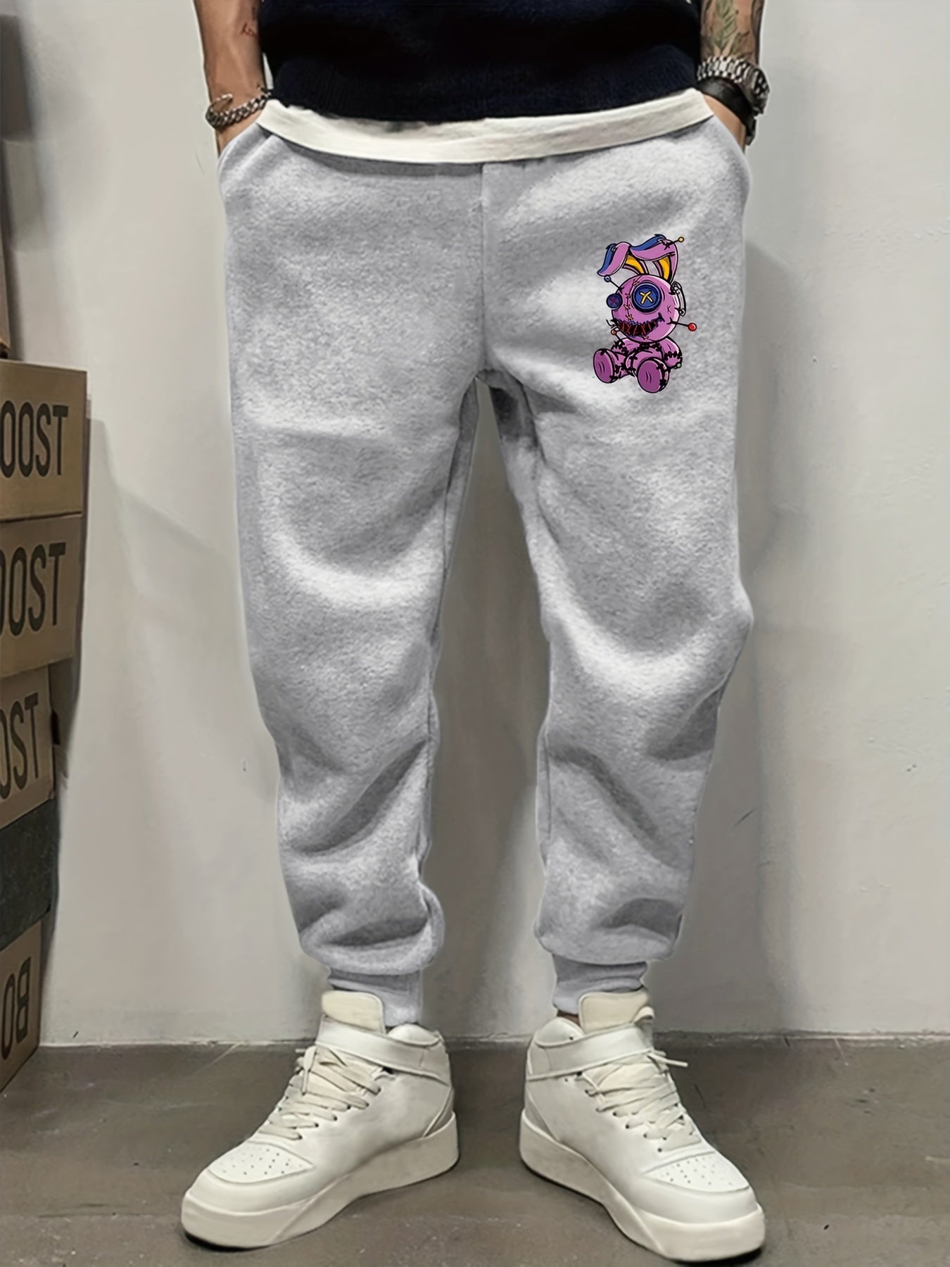 Men's Graffiti Rabbit Pattern Printed Drawstring Sweatpants
